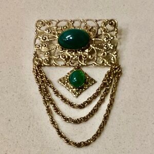 Eclectic Grandpa Gold and Green Filagree Brooch Pin